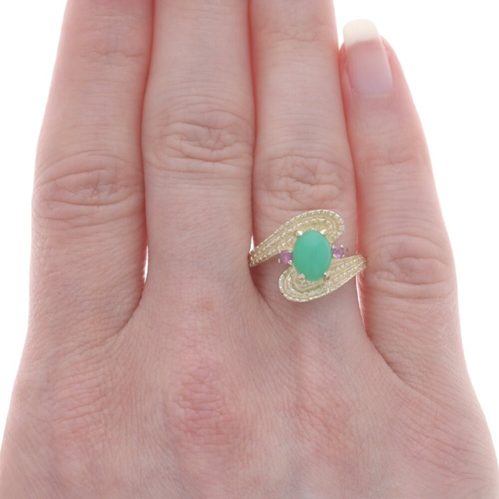 Yellow Gold Chrysoprase & Ruby Bypass Ring - 14k … - image 2